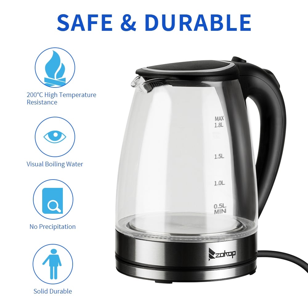 1500W 1.8L Electric Glass Tea Kettle Hot Water Kettle with Auto Shutoff Protection, Stainless Steel Lid & Bottom