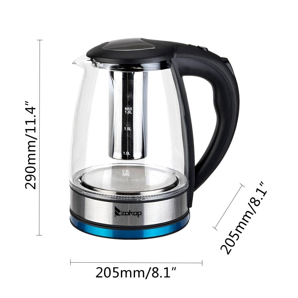 1500W 1.8L Electric Kettle Water Heater, Glass Tea, Coffee Pot, Auto Shut-Off