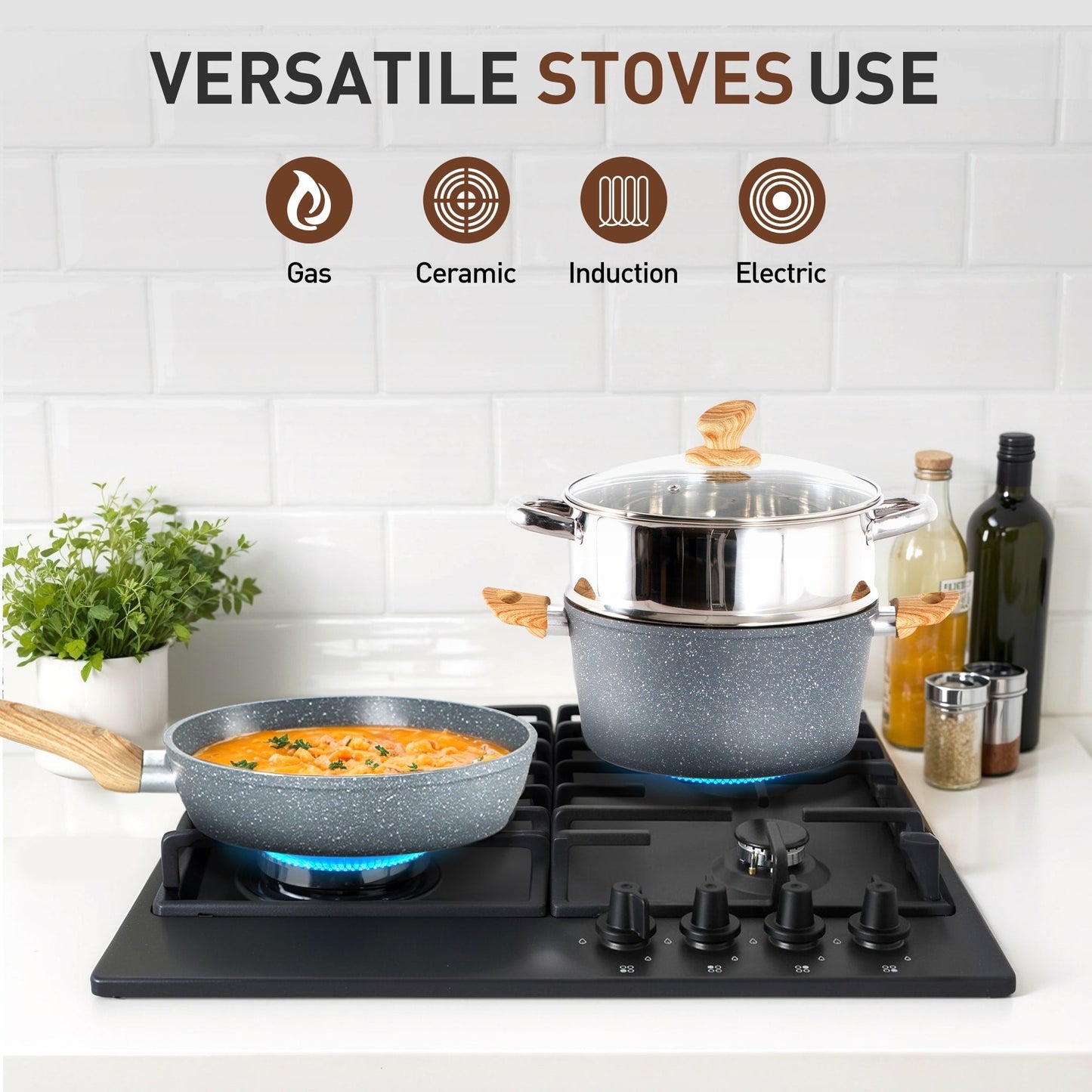 17-Piece Kitchen Granite Cookware Set, Non-stick Cooking Pots and Pans Set