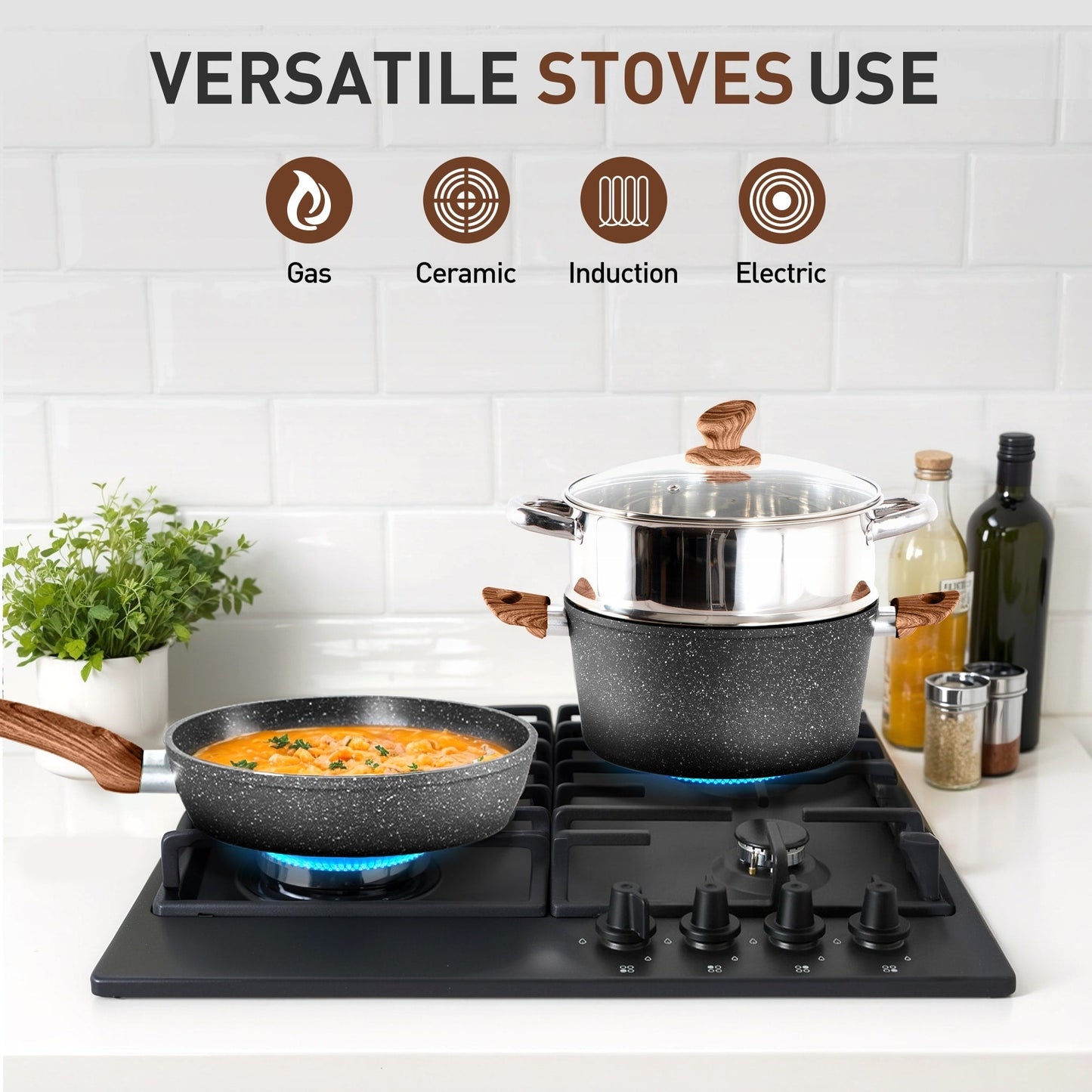 17-Piece Kitchen Granite Cookware Set, Non-stick Cooking Pots and Pans Set