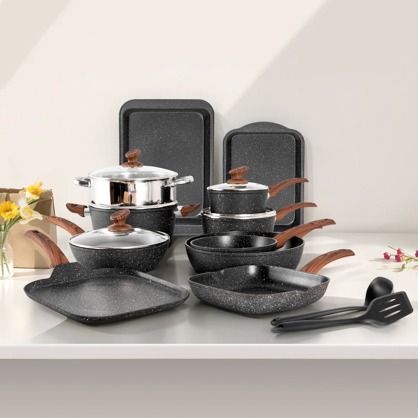 17-Piece Kitchen Granite Cookware Set, Non-stick Cooking Pots and Pans Set
