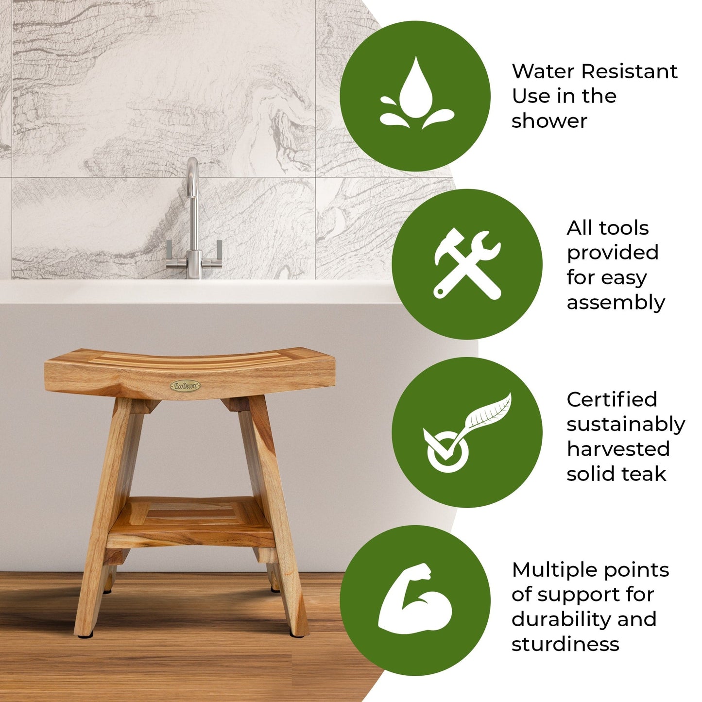 EcoDecors, Serenity, Teak Shower Bench, Teak Shower Stool, Teak Corner Shower Bench, 18 Inch, With Shelf