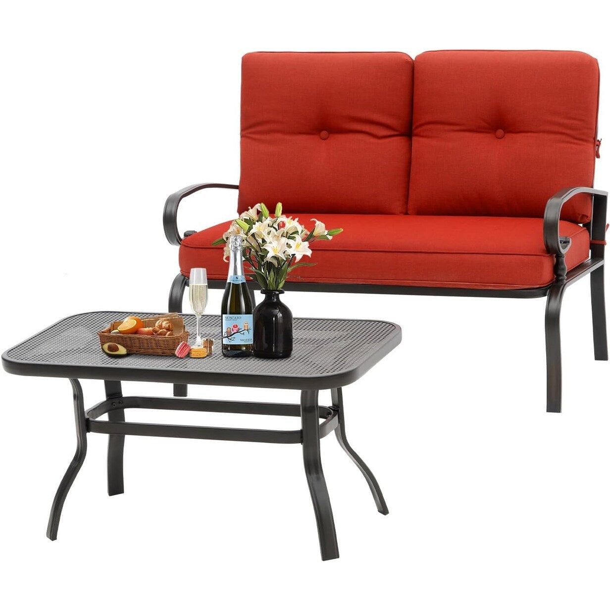 2 Piece Outdoor Patio Garden Bench with Round Coffee Table Set