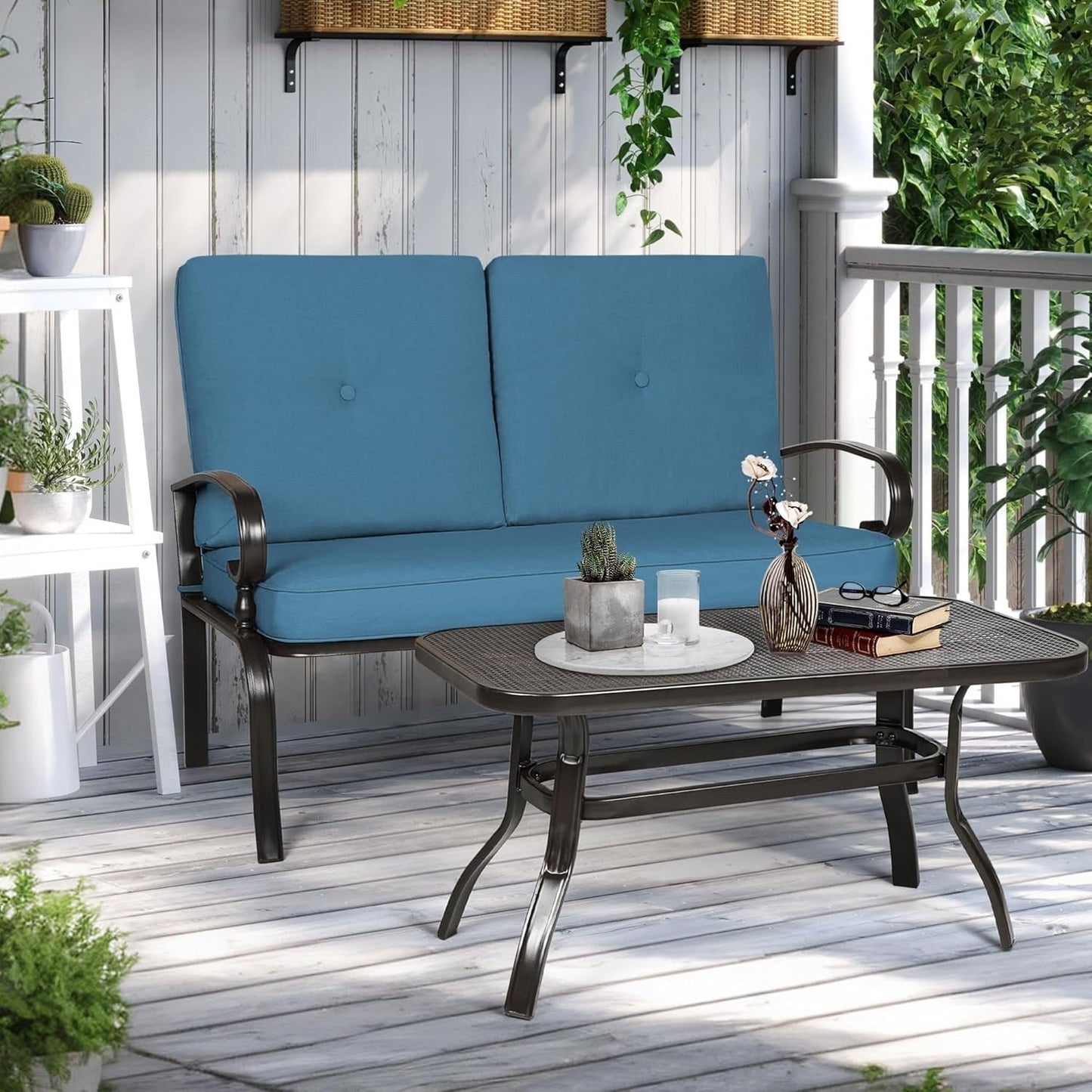 2 Piece Outdoor Patio Garden Bench with Round Coffee Table Set