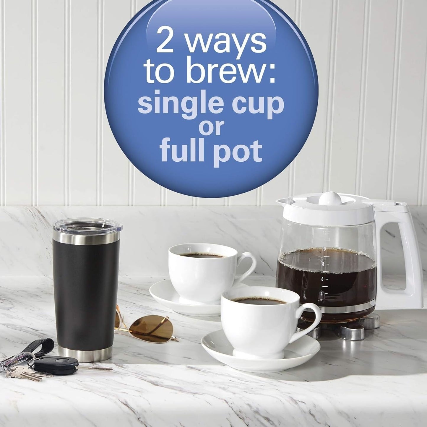 2-Way 12-Cup Coffee Maker & Single Serve, Glass Carafe, Auto Pause & Pour, White