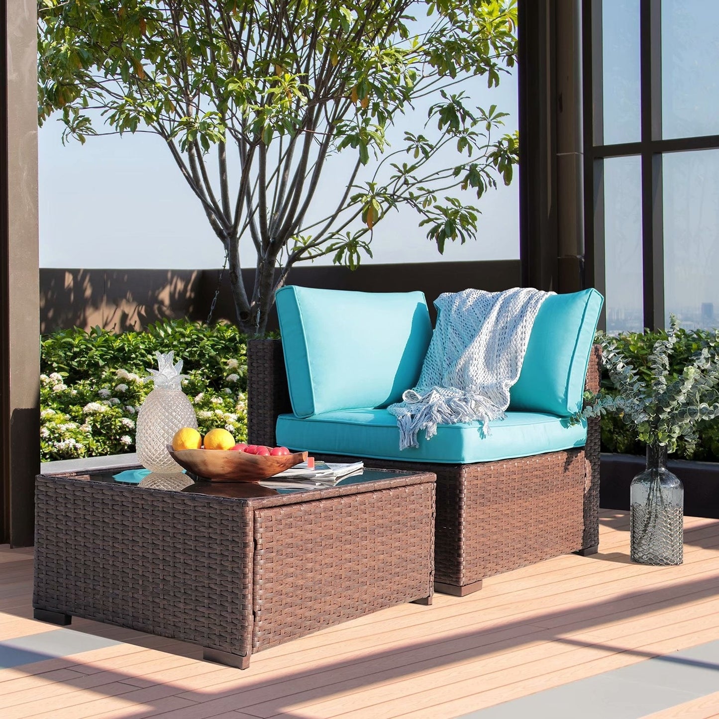 Outdoor 2 Pieces Wicker Sectional Sofa Patio Cushioned Corner Chair and Side Table