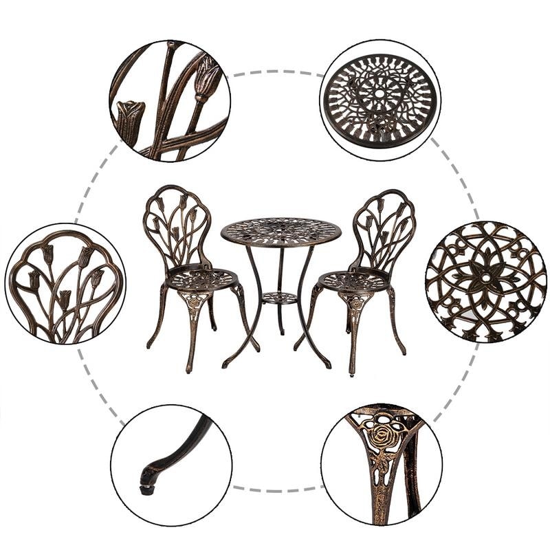 3-Piece Cast Aluminum Patio Bistro Set Outdoor Furniture Tulip Design Antique Copper Finish Rust-Resistant