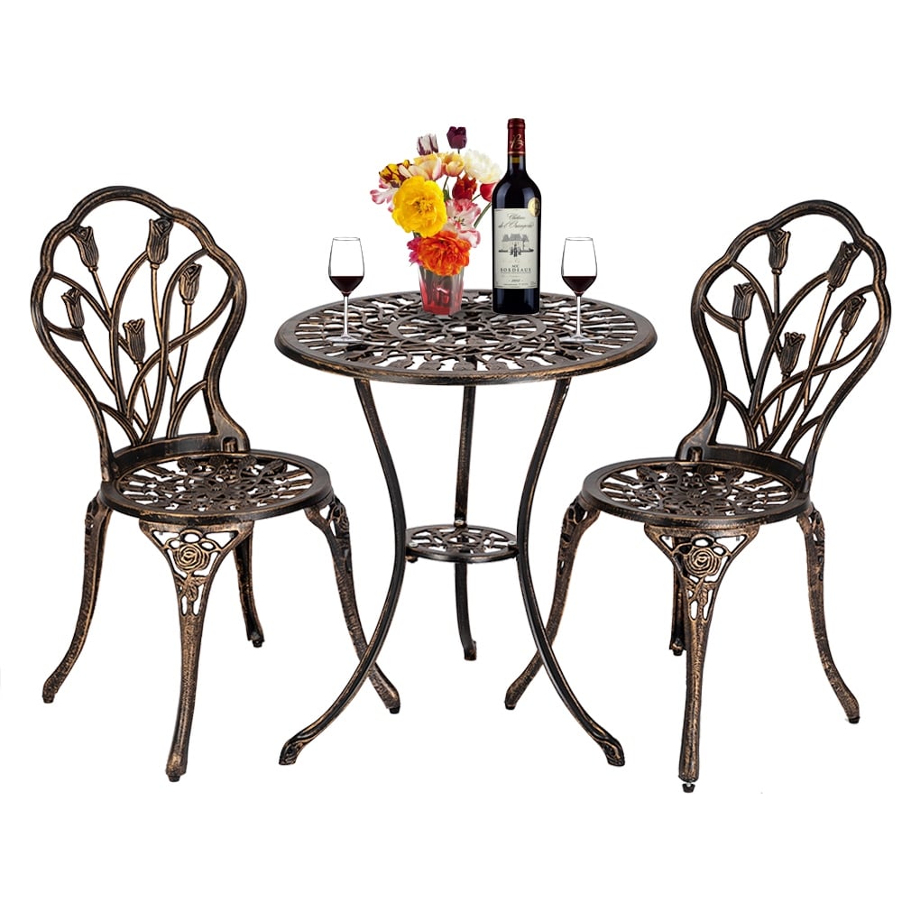 3-Piece Cast Aluminum Patio Bistro Set Outdoor Furniture Tulip Design Antique Copper Finish Rust-Resistant