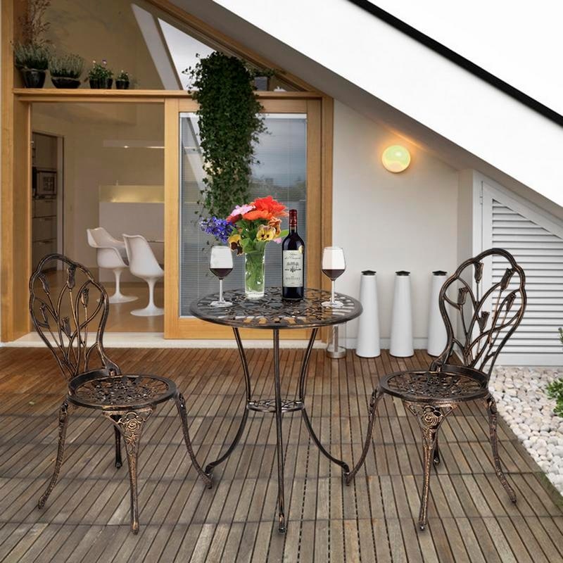 3-Piece Cast Aluminum Patio Bistro Set Outdoor Furniture Tulip Design Antique Copper Finish Rust-Resistant