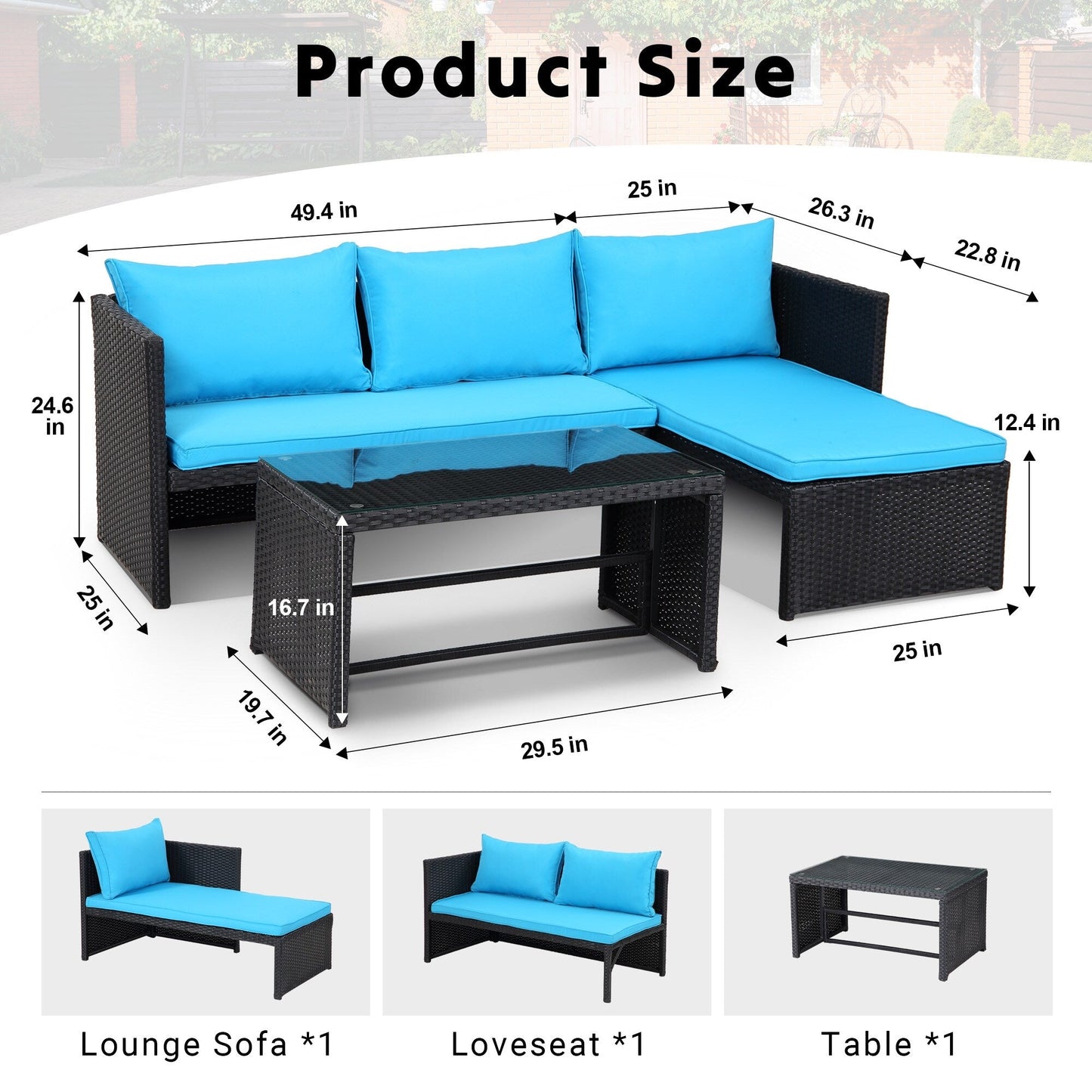 3-Piece Outdoor PE Rattan Furniture Set Patio Wicker Conversation Loveseat Sofa Sectional Couch Cushion