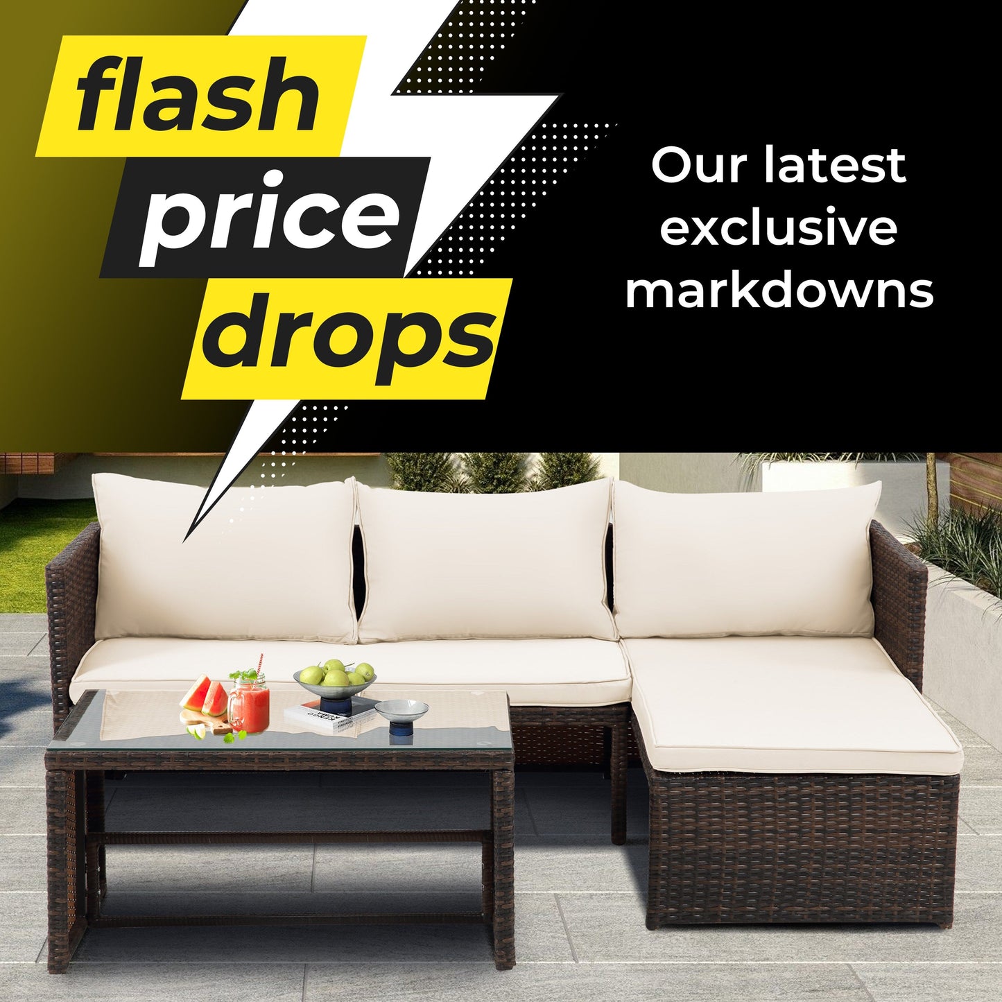 3-Piece Outdoor PE Rattan Furniture Set Patio Wicker Conversation Loveseat Sofa Sectional Couch Cushion