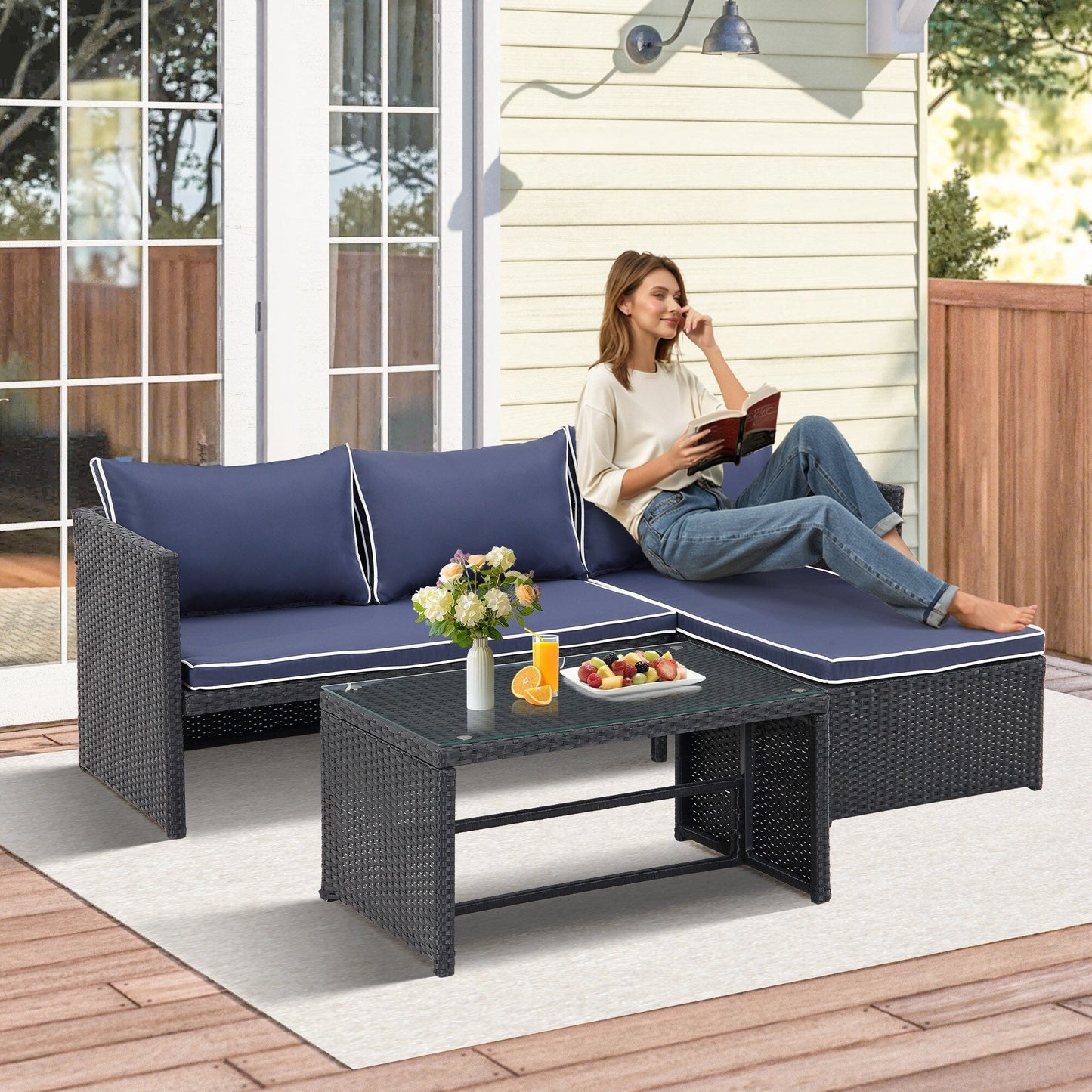 3-Piece Outdoor PE Rattan Furniture Set Patio Wicker Conversation Loveseat Sofa Sectional Couch Cushion