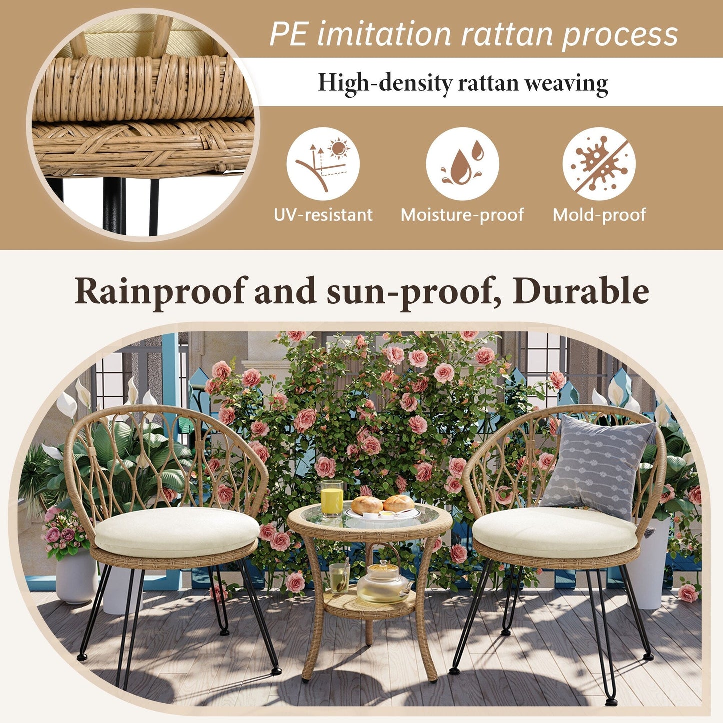 3-Piece Outdoor Patio Rattan Conversation Leisure Chairs Set with 2 Chair and Glass Coffee Table