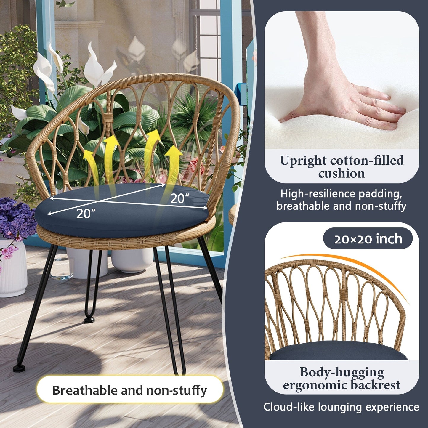 3-Piece Outdoor Patio Rattan Conversation Leisure Chairs Set with 2 Chair and Glass Coffee Table