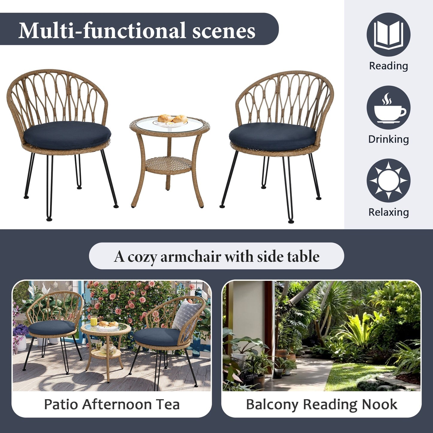 3-Piece Outdoor Patio Rattan Conversation Leisure Chairs Set with 2 Chair and Glass Coffee Table