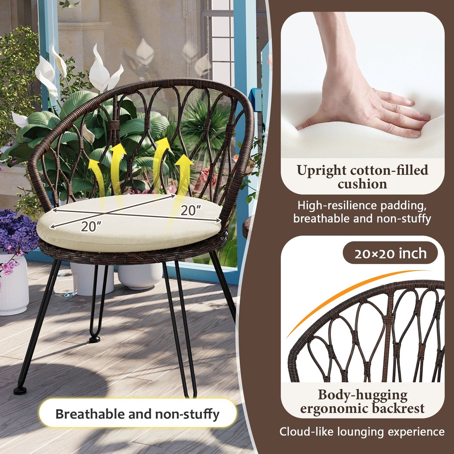 3-Piece Outdoor Patio Rattan Conversation Leisure Chairs Set with 2 Chair and Glass Coffee Table