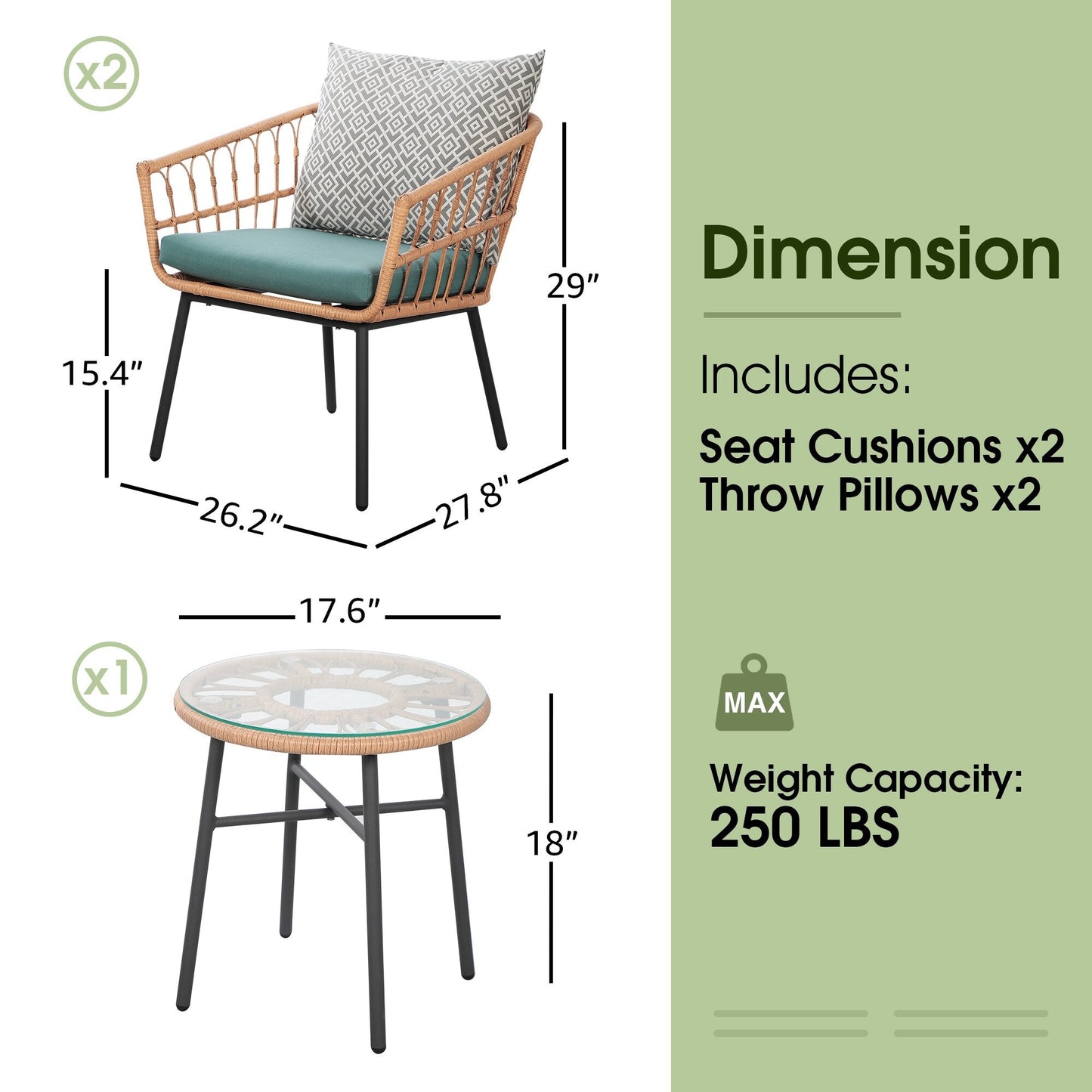 3-Piece Outdoor Wicker Bistro Set with Cushions