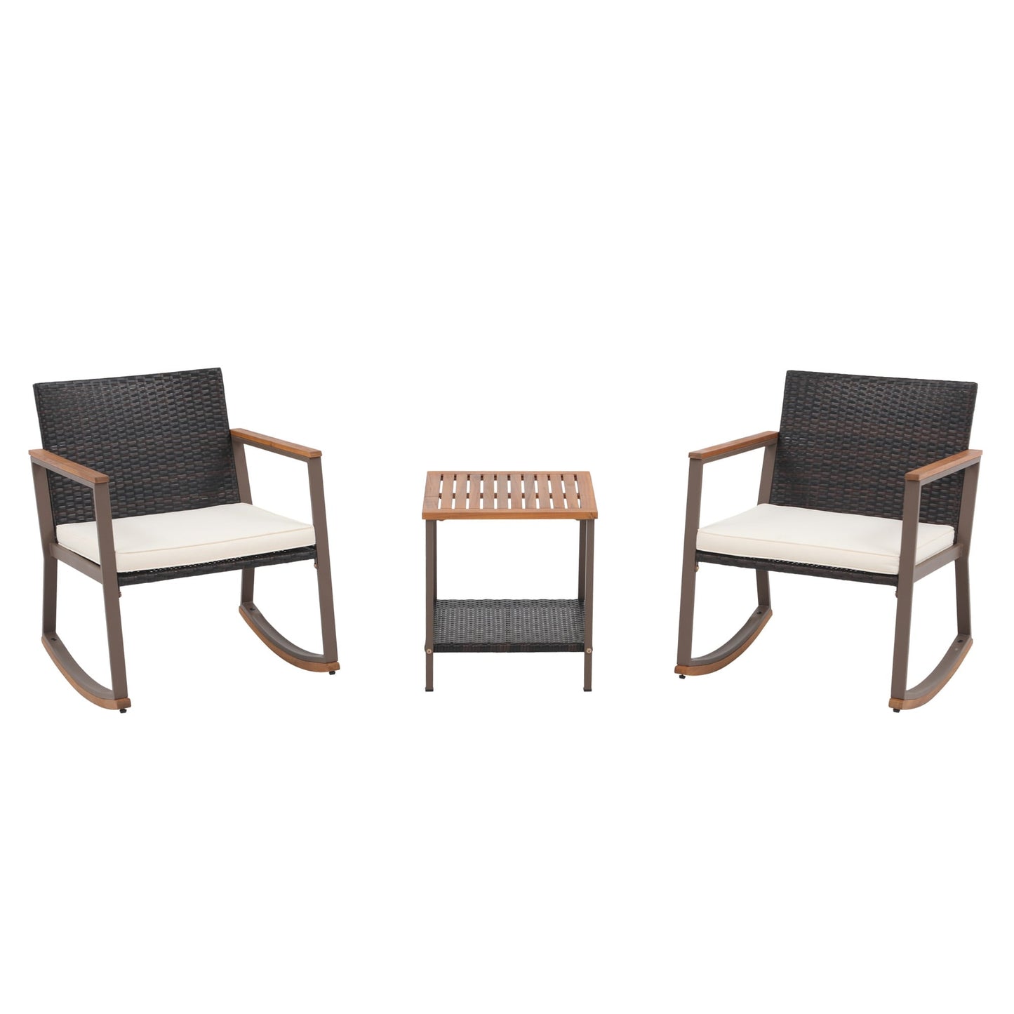 3-Piece Outdoor Wicker Rocking Chair Set with Cushions