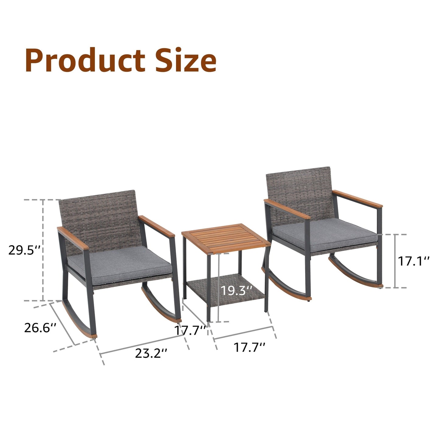3-Piece Outdoor Wicker Rocking Chair Set with Cushions