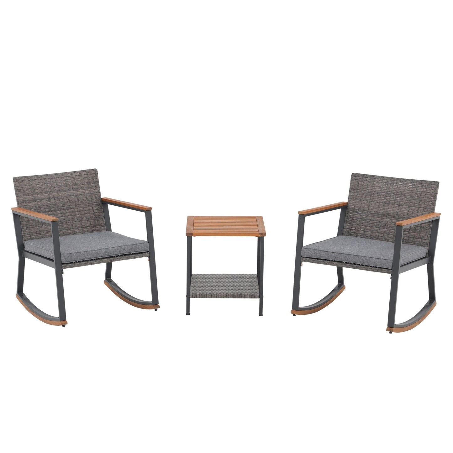 3-Piece Outdoor Wicker Rocking Chair Set with Cushions