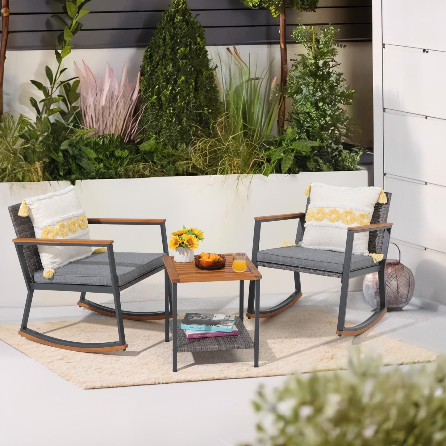 3-Piece Outdoor Wicker Rocking Chair Set with Cushions