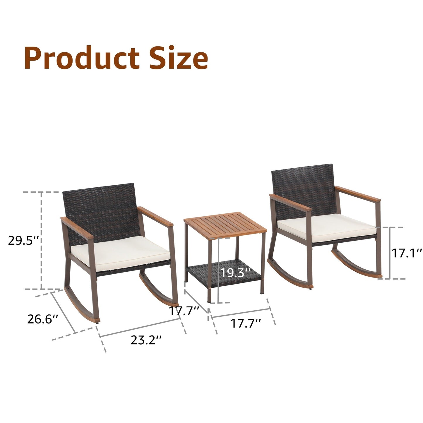 3-Piece Outdoor Wicker Rocking Chair Set with Cushions