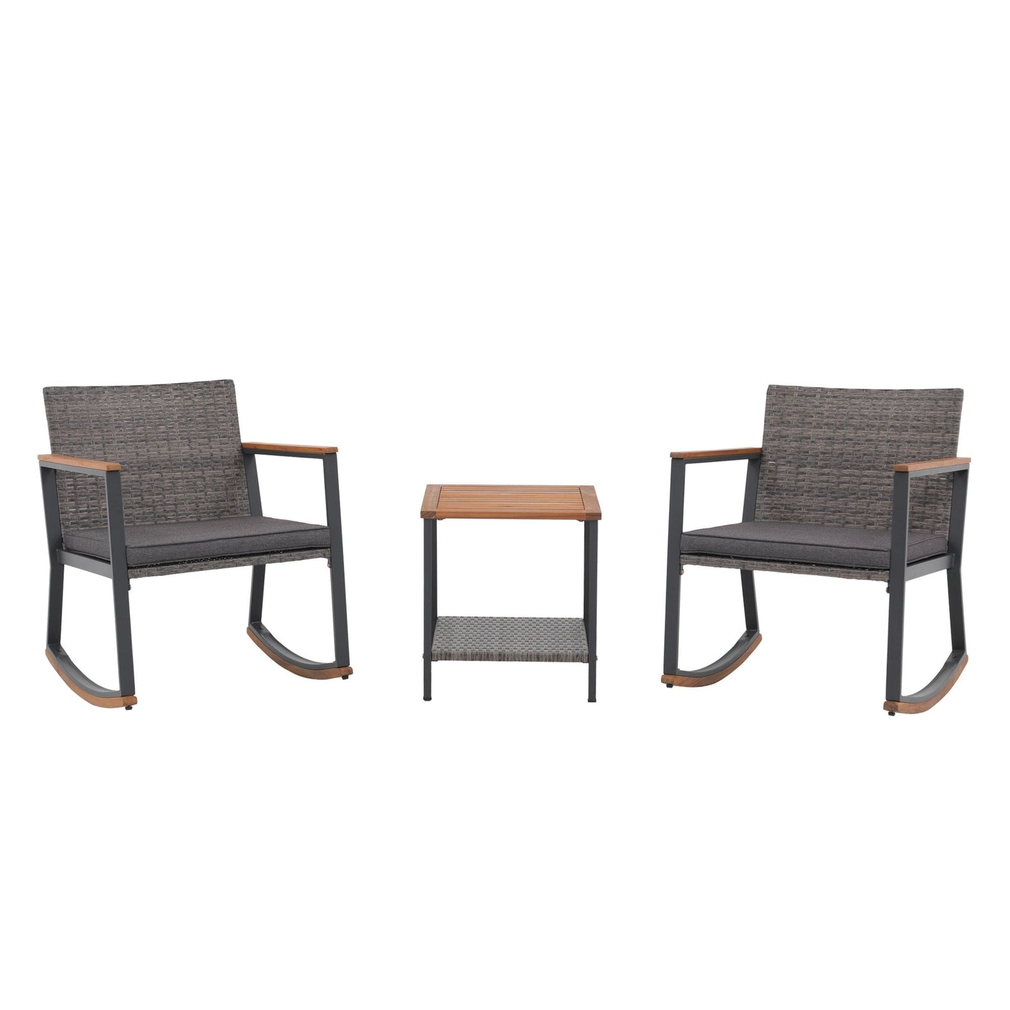 3-Piece Outdoor Wicker Rocking Chair Set with Cushions