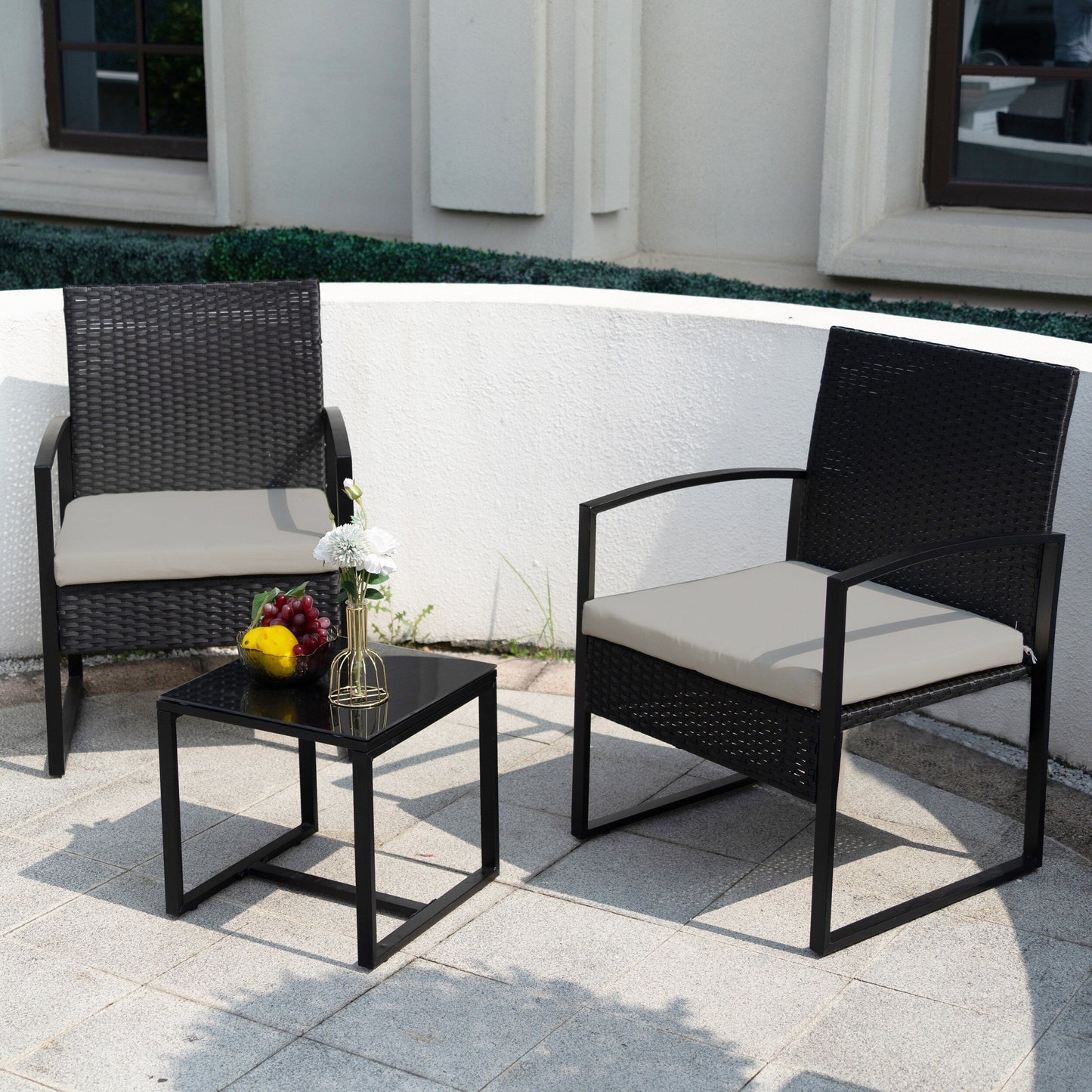 3 Piece Patio Bistro Set Outdoor Furniture Set with Glass Table, Rattan Conversation Sets for Porch Garden Balcony