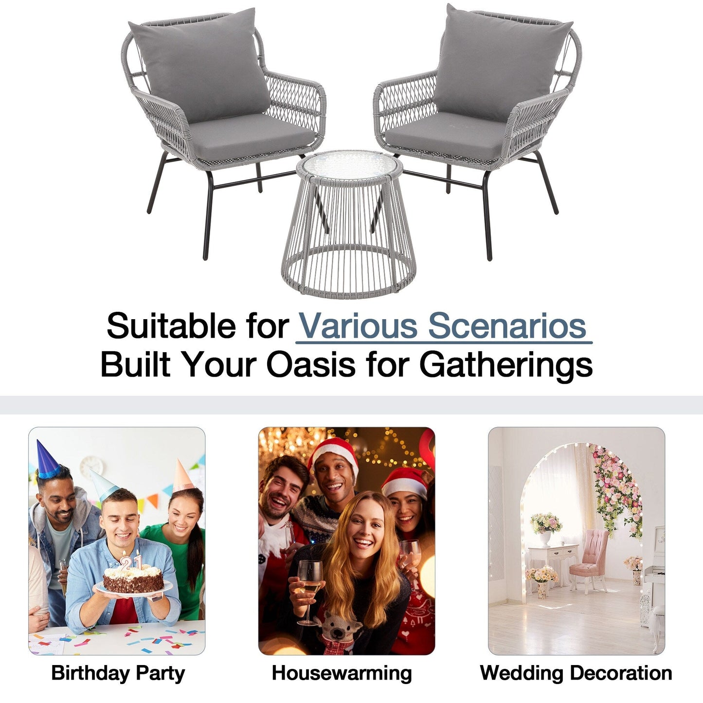 3-Piece Patio Conversation Bistro Set, Outdoor Rattan Furniture Set with Glass Table & 2 Wide Armchairs, Seat Cushions