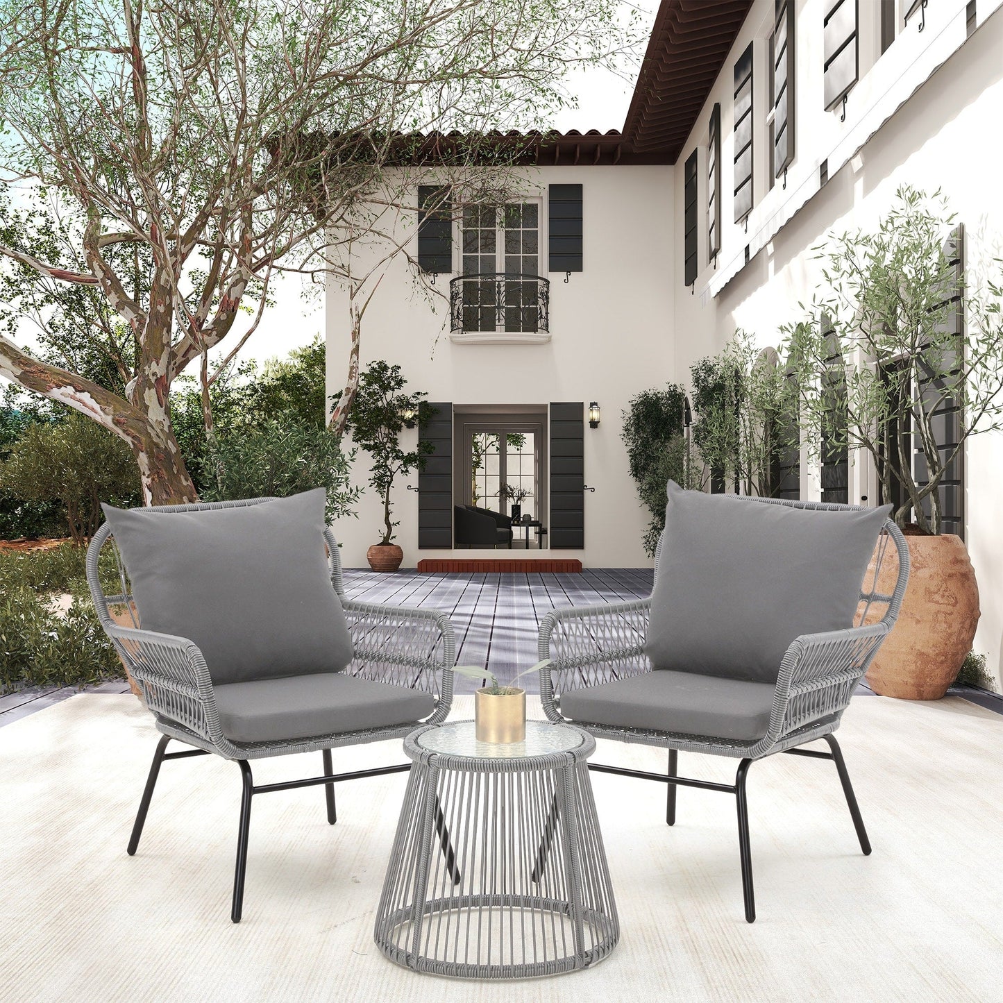3-Piece Patio Conversation Bistro Set, Outdoor Rattan Furniture Set with Glass Table & 2 Wide Armchairs, Seat Cushions