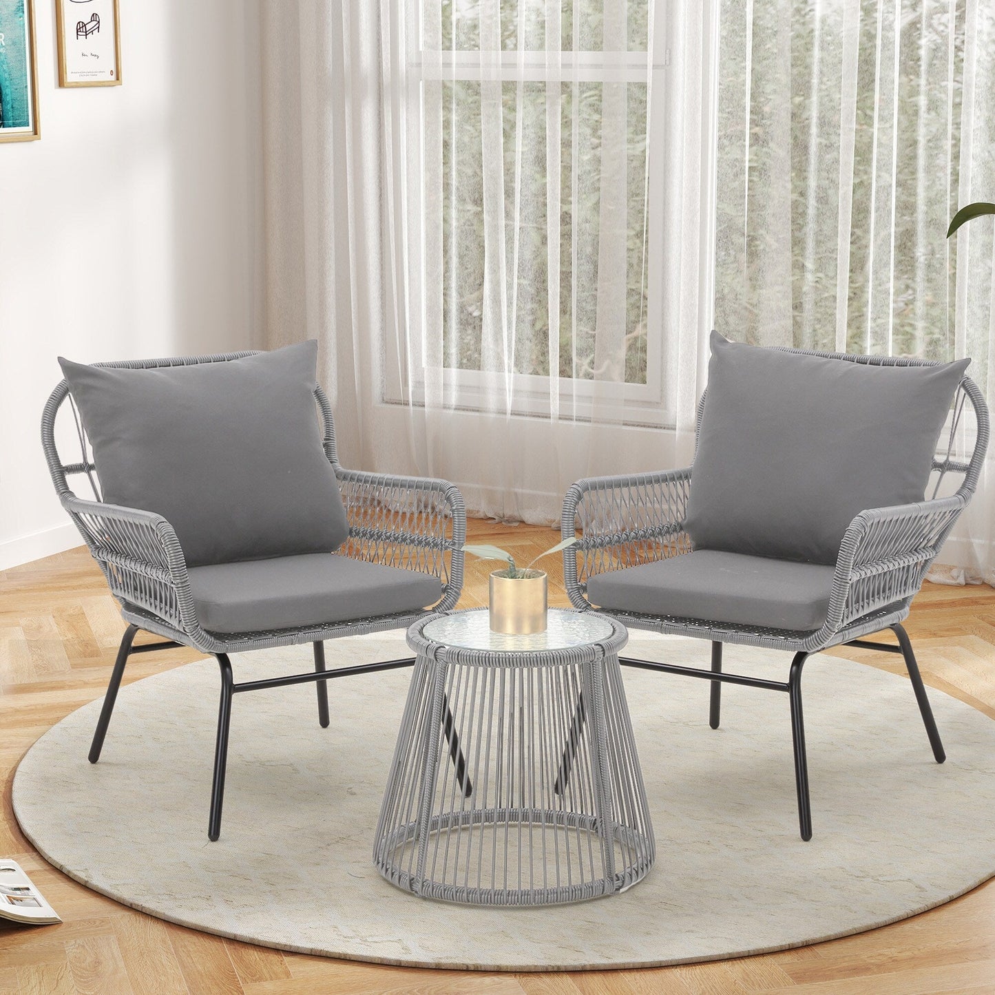 3-Piece Patio Conversation Bistro Set, Outdoor Rattan Furniture Set with Glass Table & 2 Wide Armchairs, Seat Cushions