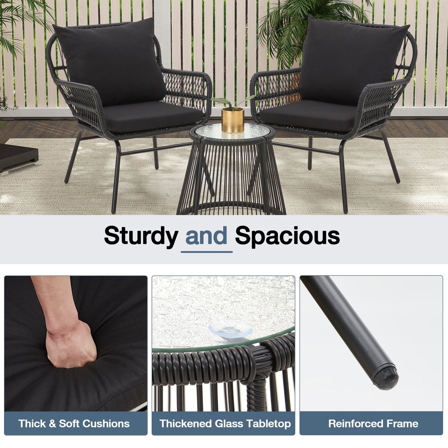 3-Piece Patio Conversation Bistro Set, Outdoor Rattan Furniture Set with Glass Table & 2 Wide Armchairs, Seat Cushions