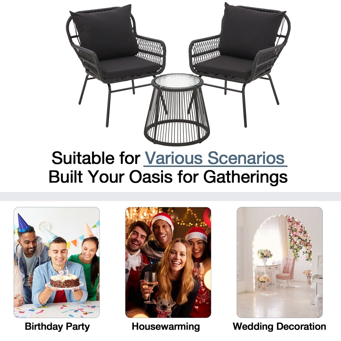 3-Piece Patio Conversation Bistro Set, Outdoor Rattan Furniture Set with Glass Table & 2 Wide Armchairs, Seat Cushions