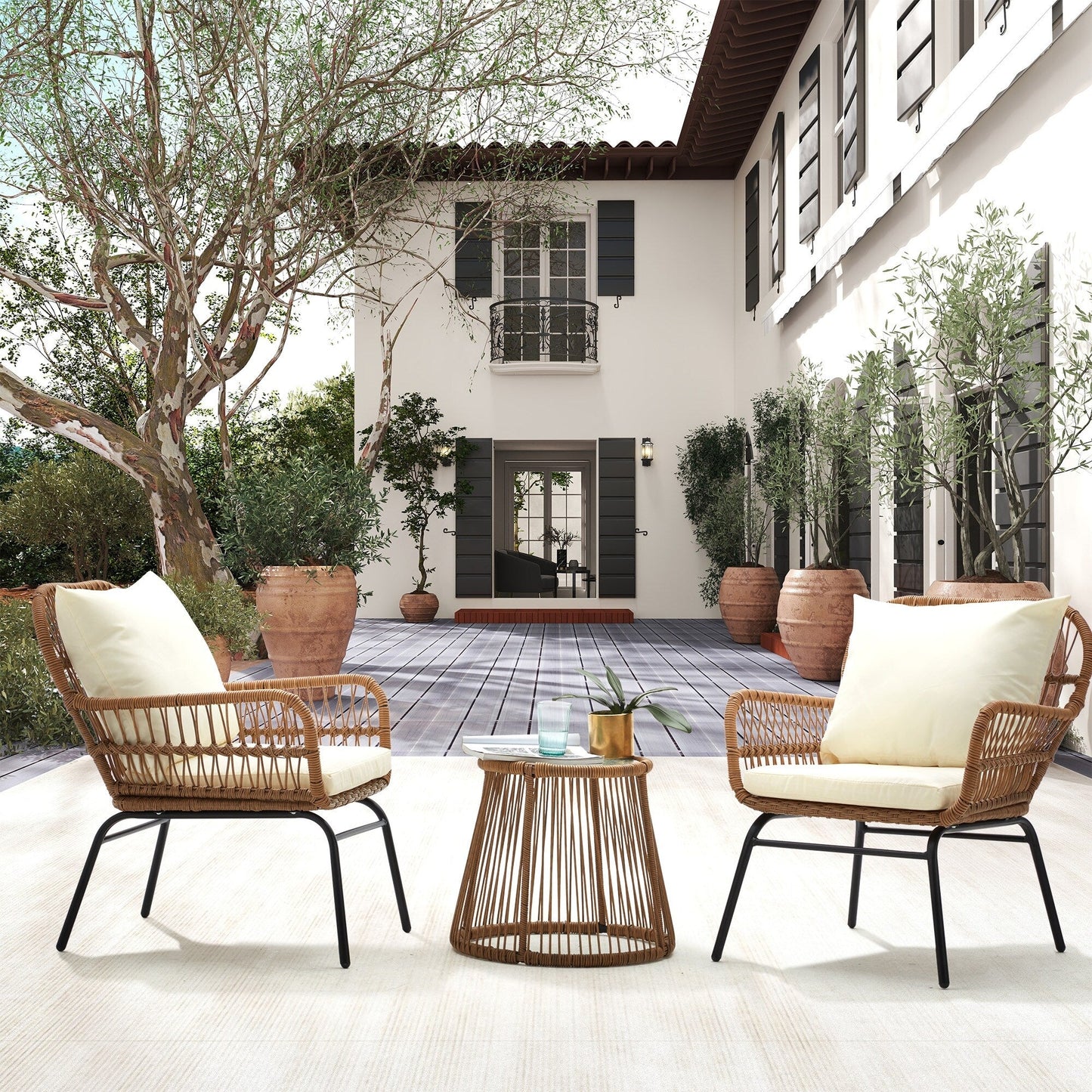 3-Piece Patio Conversation Bistro Set, Outdoor Rattan Furniture Set with Glass Table & 2 Wide Armchairs, Seat Cushions