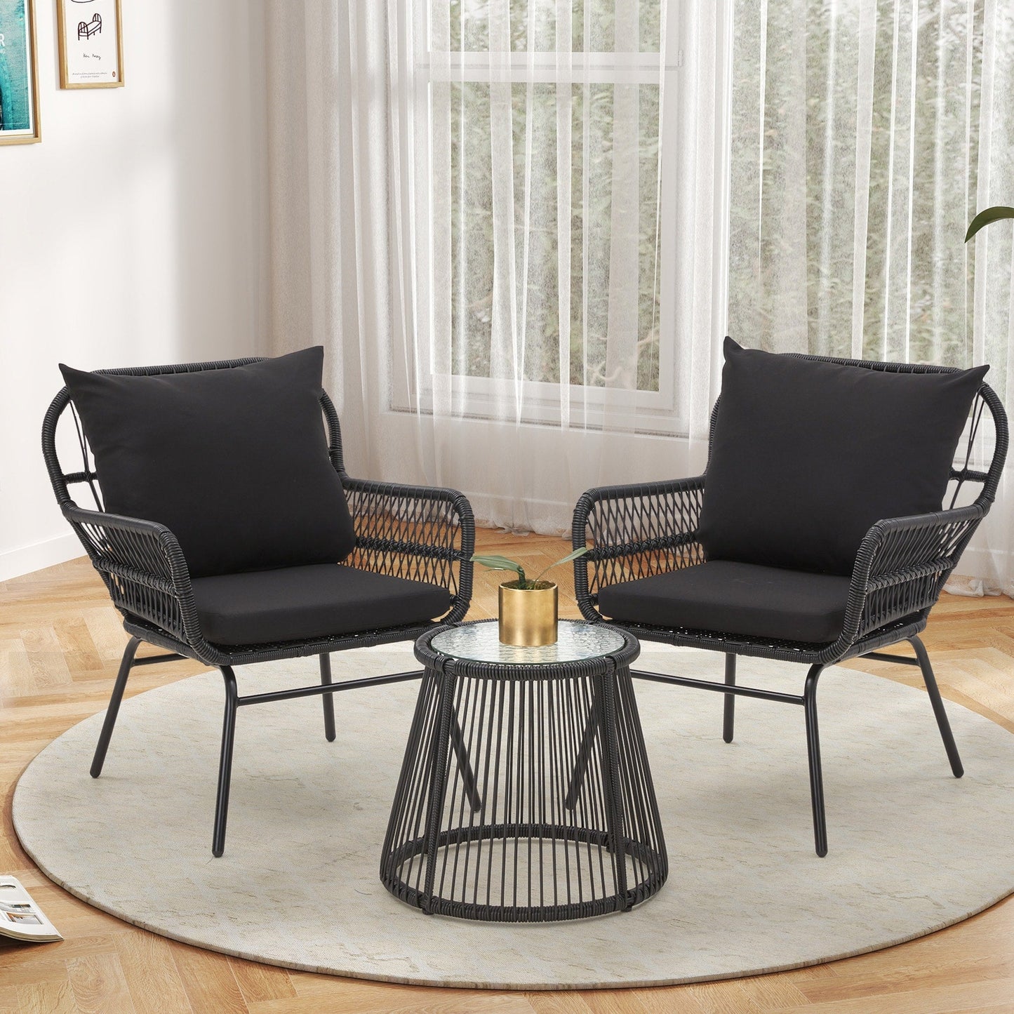 3-Piece Patio Conversation Bistro Set, Outdoor Rattan Furniture Set with Glass Table & 2 Wide Armchairs, Seat Cushions