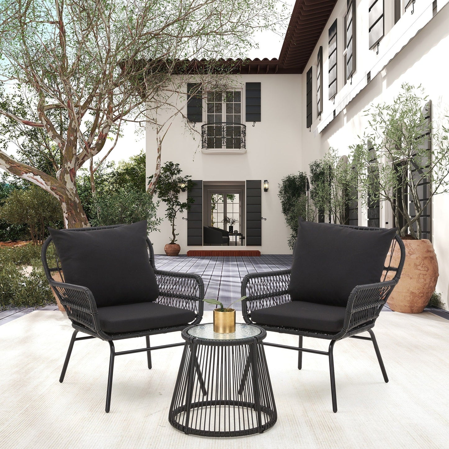 3-Piece Patio Conversation Bistro Set, Outdoor Rattan Furniture Set with Glass Table & 2 Wide Armchairs, Seat Cushions
