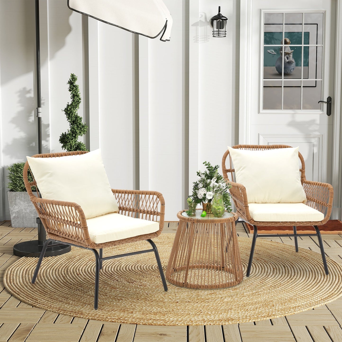 3-Piece Patio Conversation Bistro Set, Outdoor Rattan Furniture Set with Glass Table & 2 Wide Armchairs, Seat Cushions