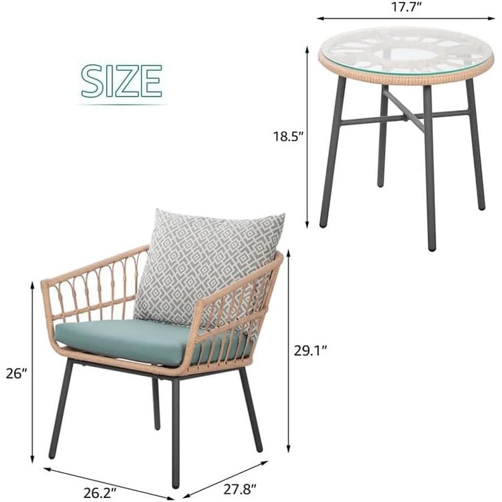 3 Piece Patio Furniture Outdoor Conversation Bistro Set with Tempered Coffee Table and Wicker Chairs for Garden Balcony Backyard