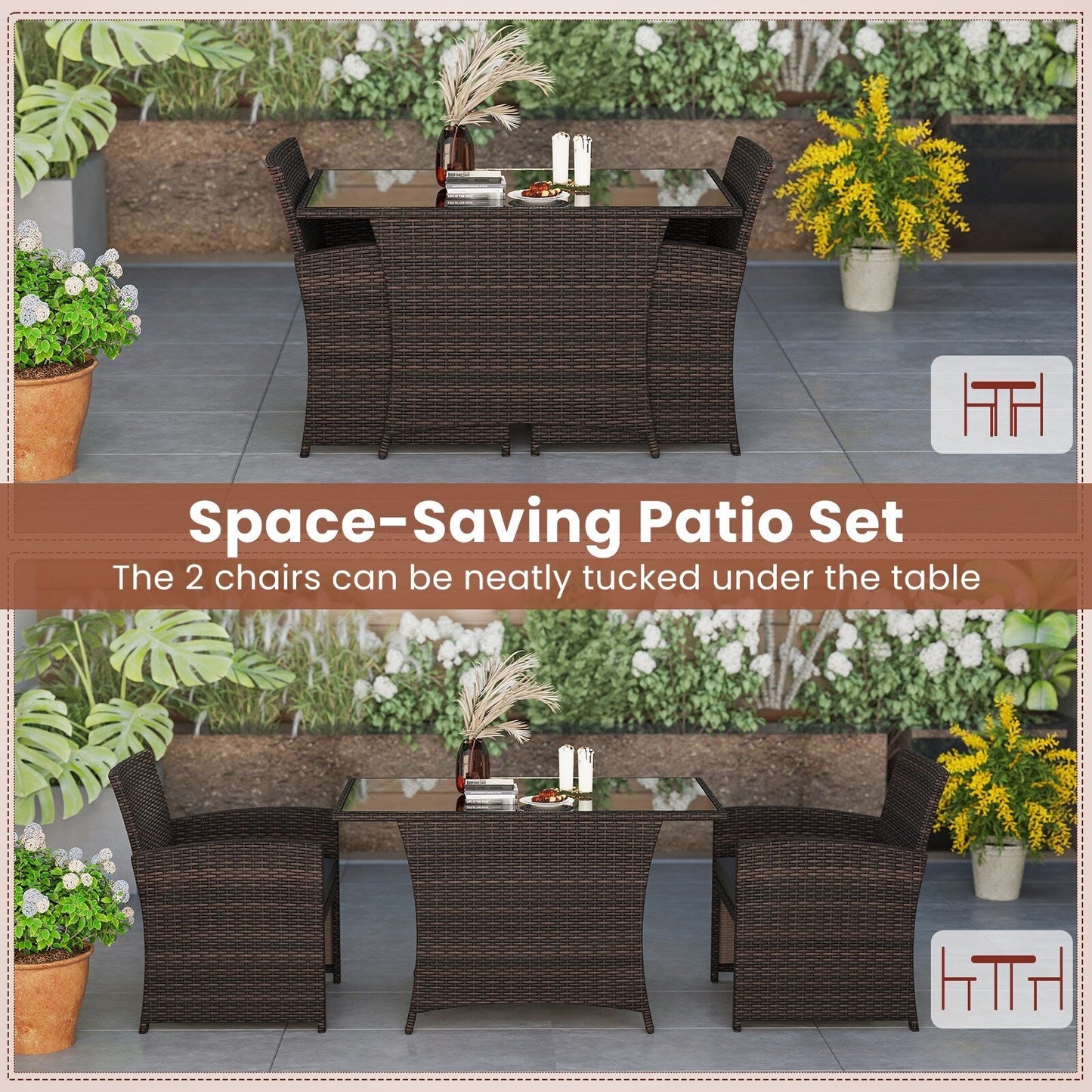 3 Piece Patio Wicker Dining Set with Glass Table and Cushioned Chairs - 25 x 23.5 x 31