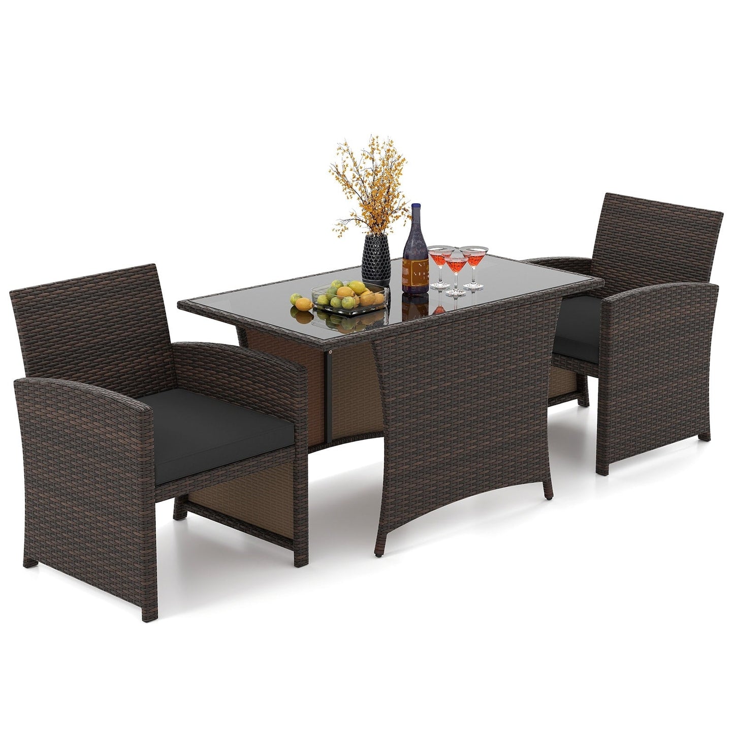 3 Piece Patio Wicker Dining Set with Glass Table and Cushioned Chairs - 25 x 23.5 x 31