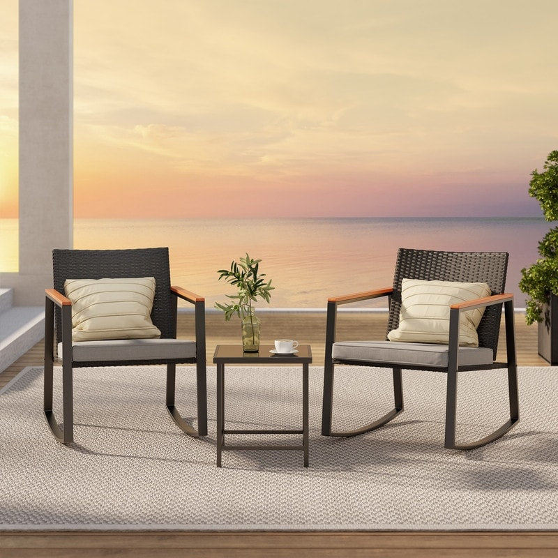 3 Piece Rocking Patio Bistro Set Wicker, Rocking Chair Pub Set with Glass Table