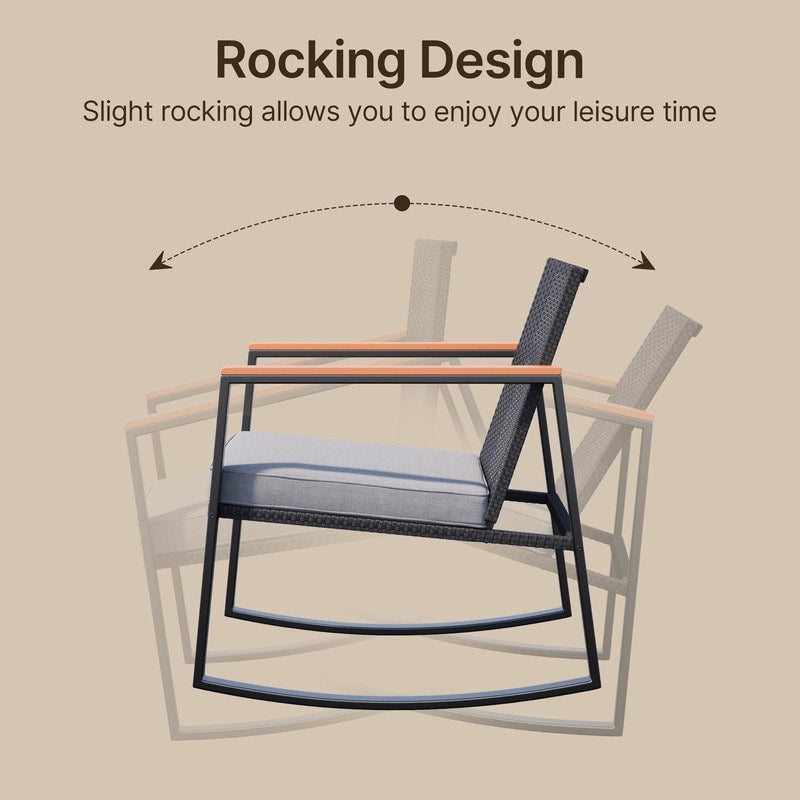 3 Piece Rocking Patio Bistro Set Wicker, Rocking Chair Pub Set with Glass Table