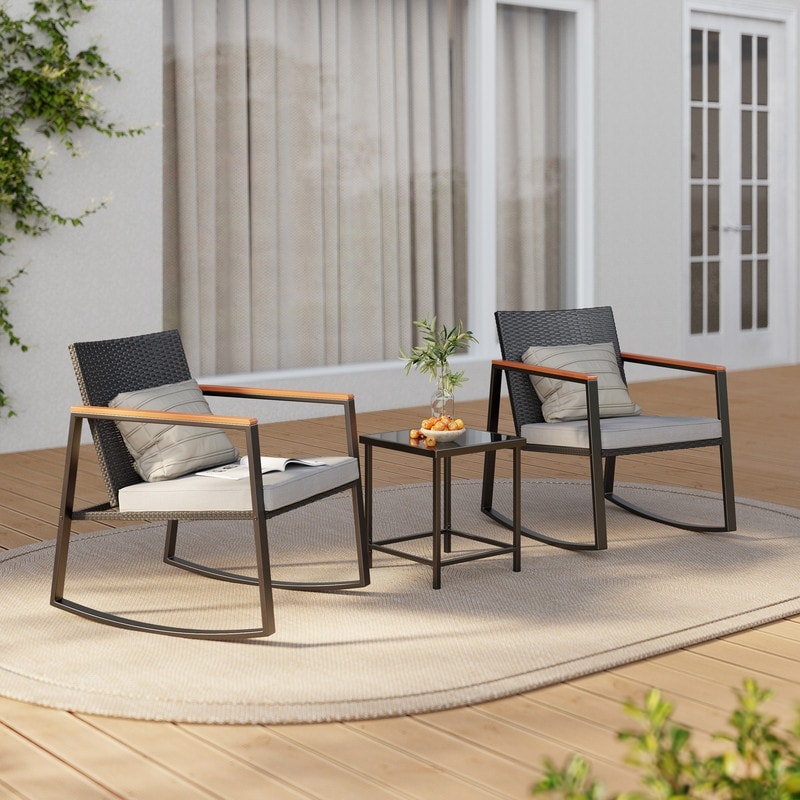 3 Piece Rocking Patio Bistro Set Wicker, Rocking Chair Pub Set with Glass Table