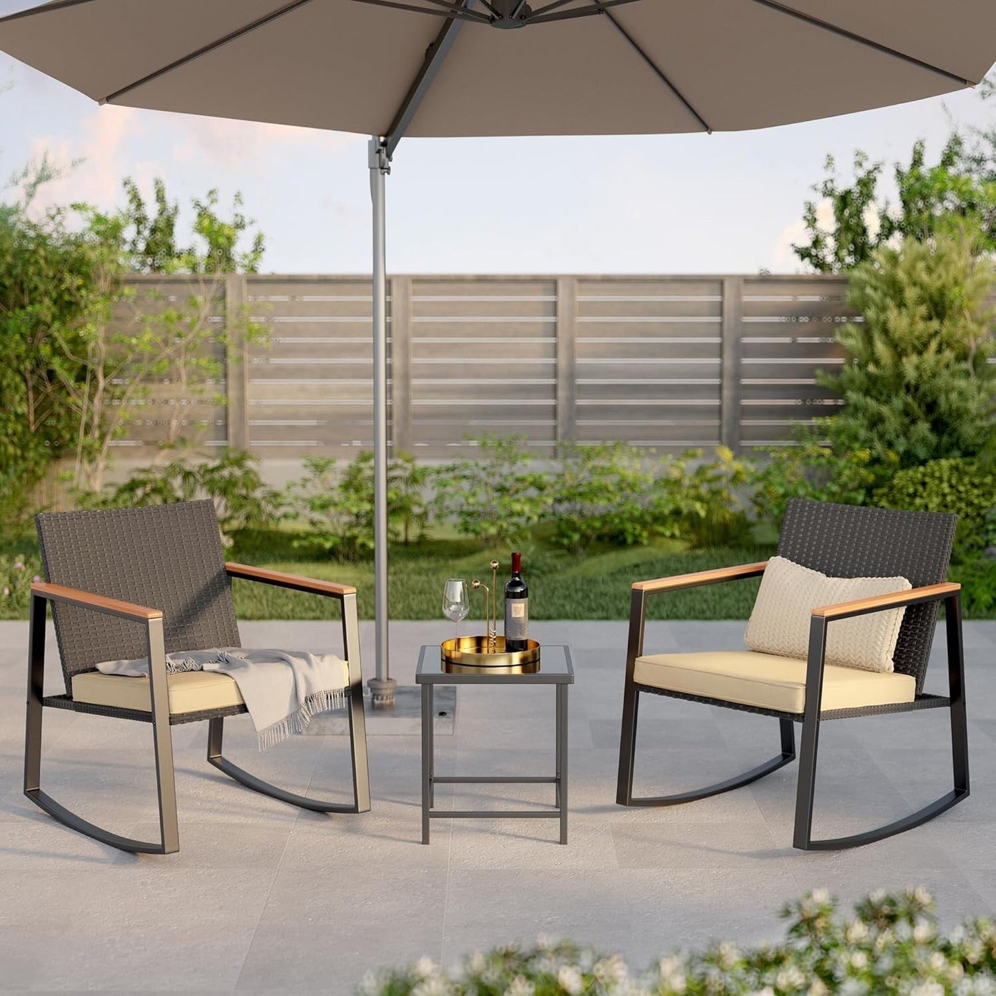 3 Piece Rocking Patio Bistro Set Wicker, Rocking Chair Pub Set with Glass Table