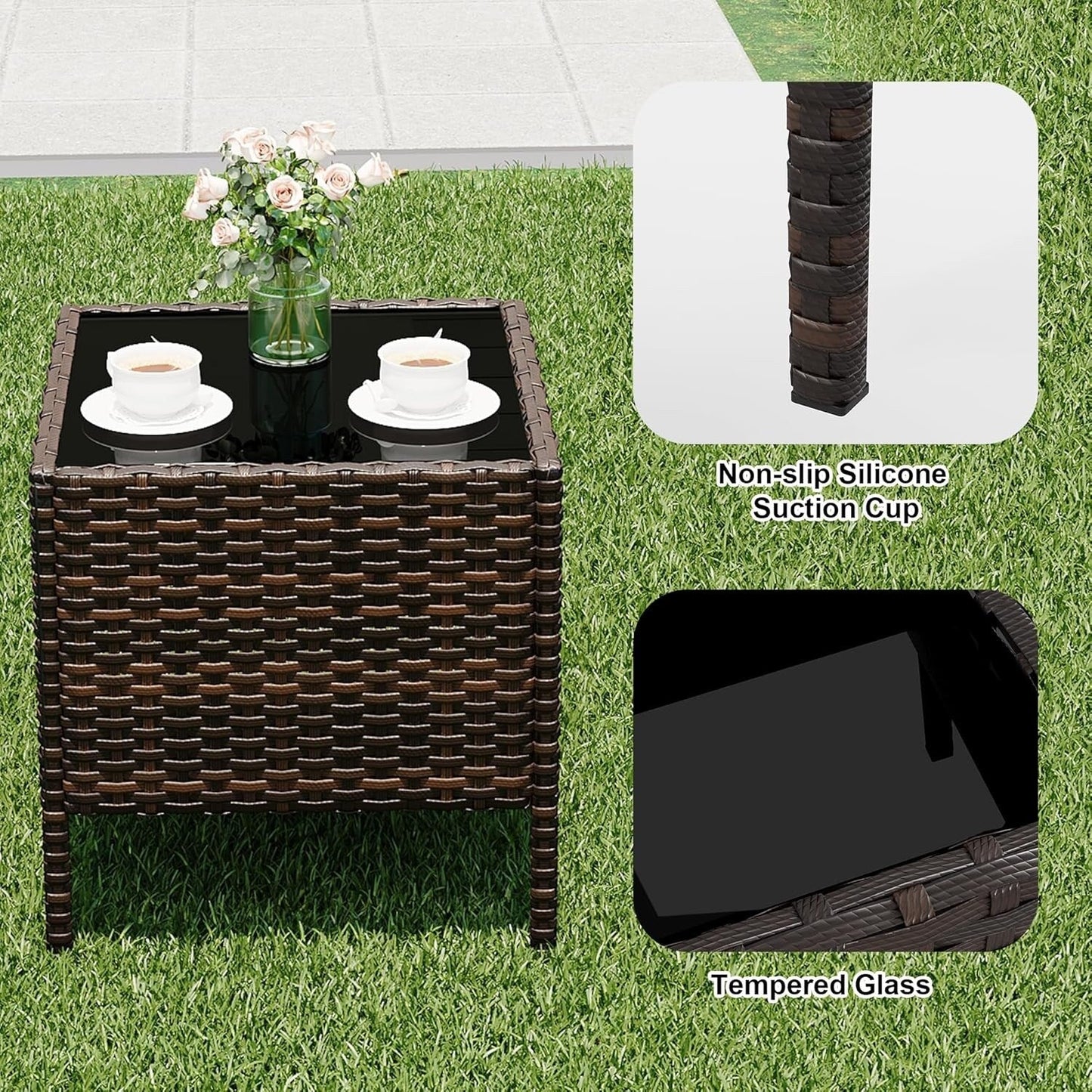 3 Pieces Rattan Wicker Chairs with Glass Coffee Table