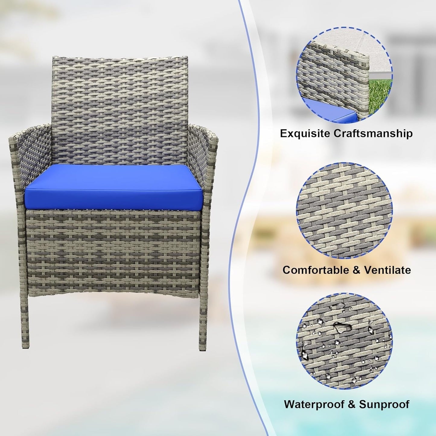 3 Pieces Rattan Wicker Chairs with Glass Coffee Table