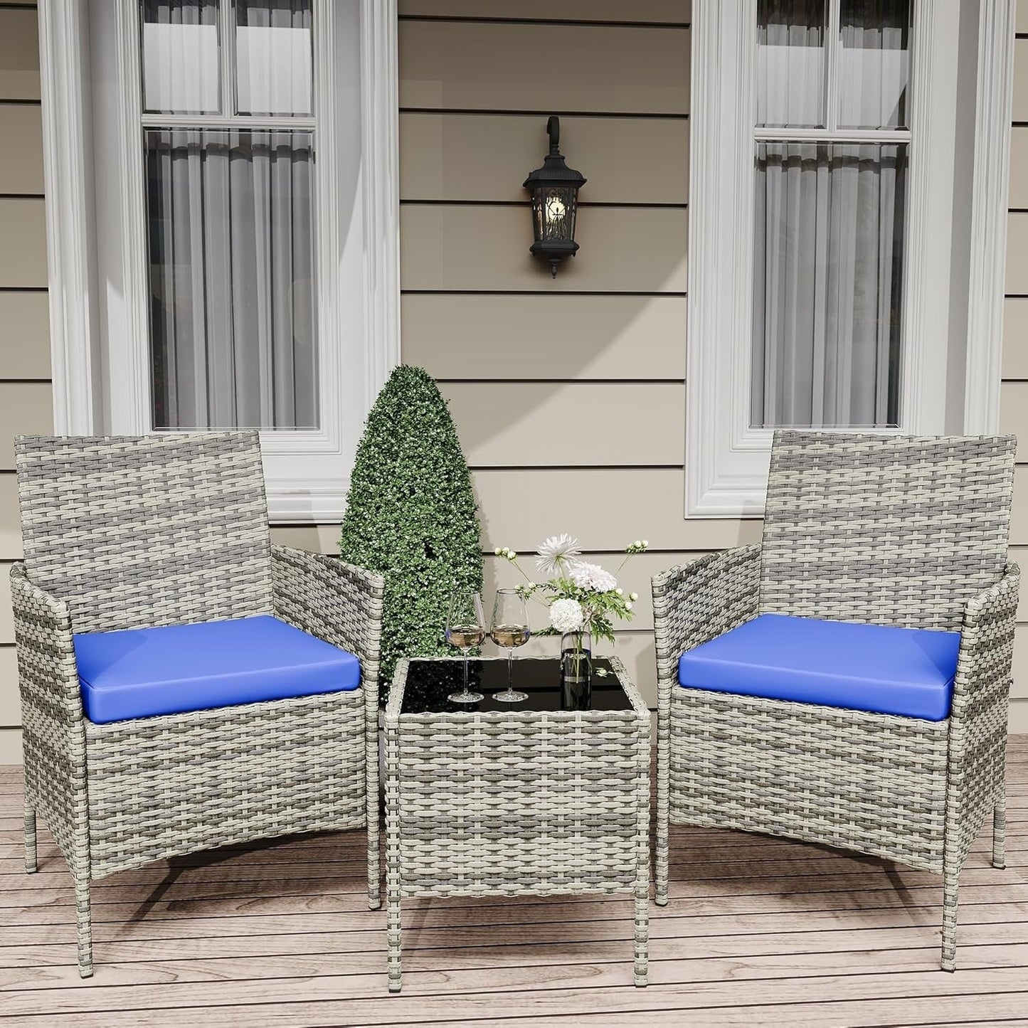 3 Pieces Rattan Wicker Chairs with Glass Coffee Table