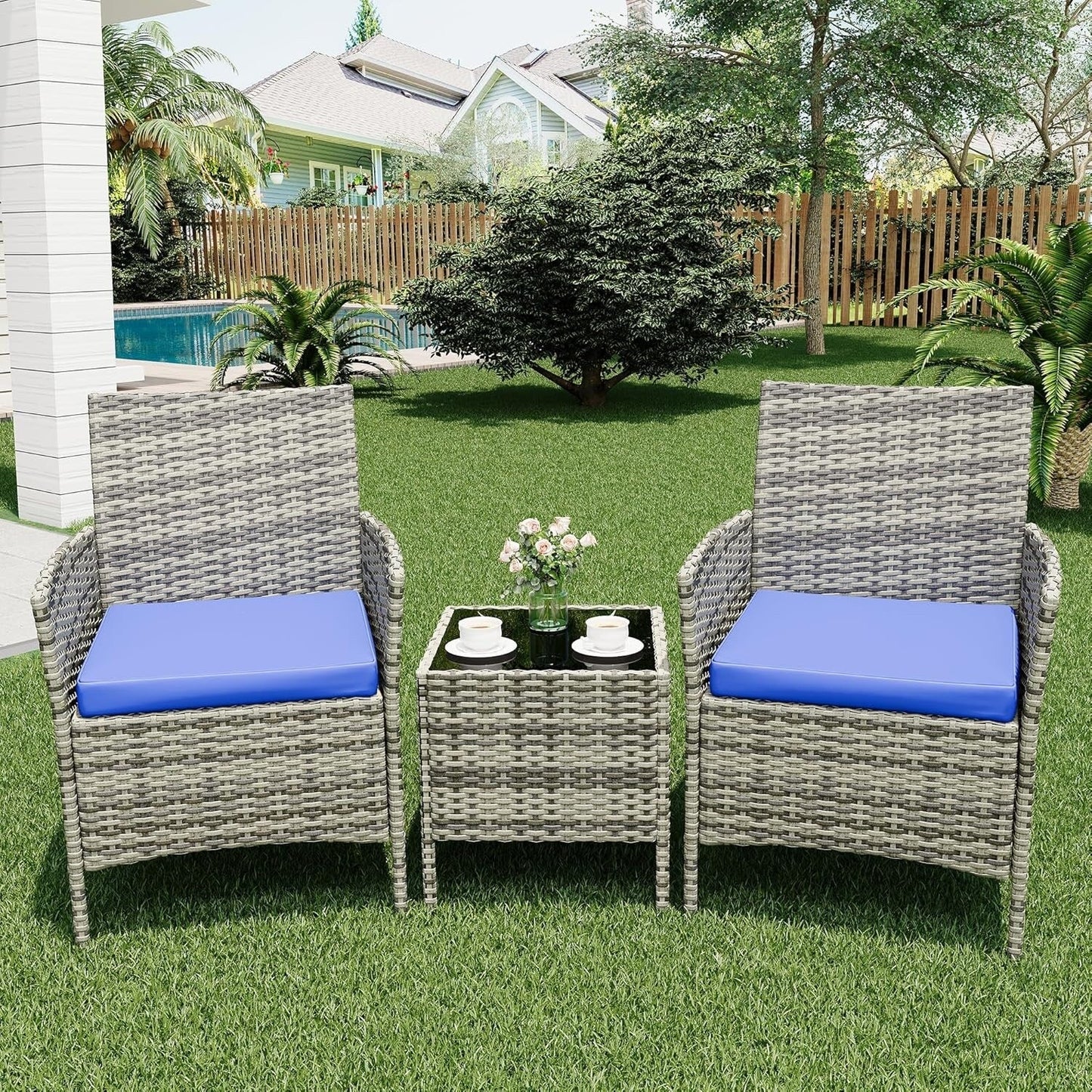 3 Pieces Rattan Wicker Chairs with Glass Coffee Table