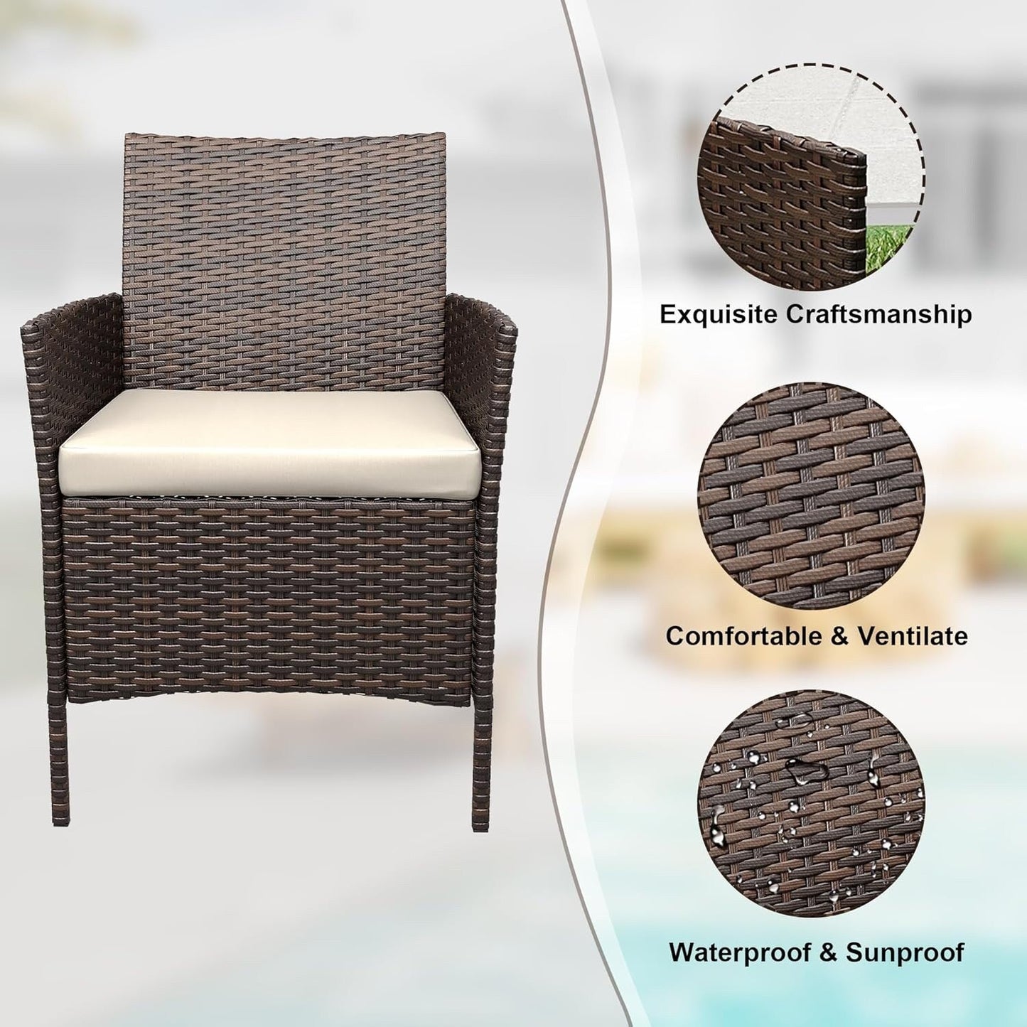 3 Pieces Rattan Wicker Chairs with Glass Coffee Table