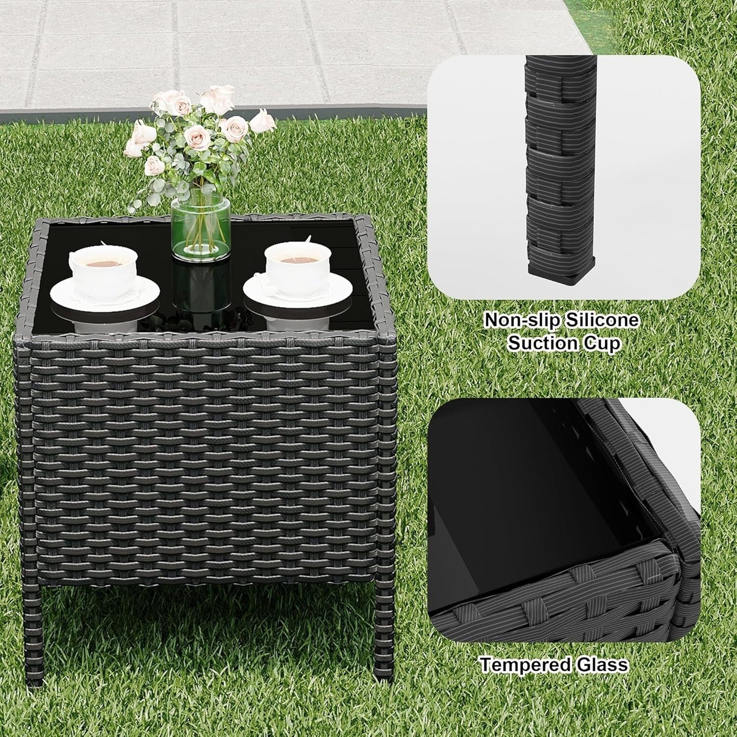 3 Pieces Rattan Wicker Chairs with Glass Coffee Table